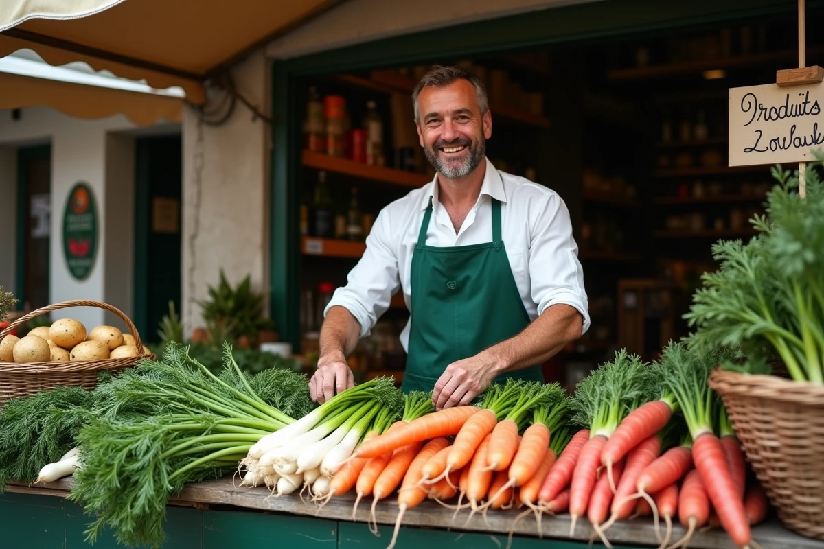 Primeur arrangeant des légumes frais locaux devant sa boutique avec enseigne produits locaux