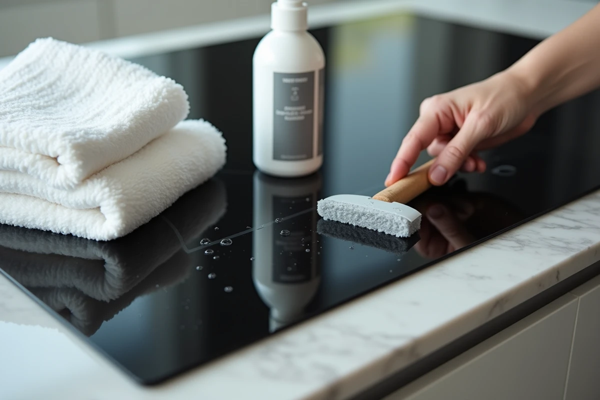 Produits naturels pour nettoyer une plaque vitrocéramique : spray, chiffon microfibre et raclette
