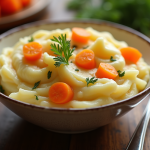 Bol de purée de carottes et pommes de terre crémeuse en ambiance naturelle