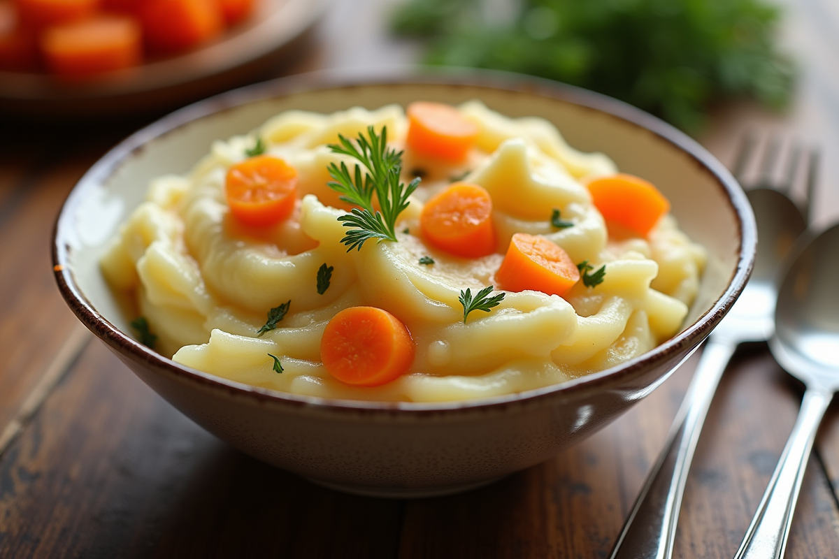 Bol de purée de carottes et pommes de terre crémeuse en ambiance naturelle