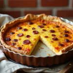 Quiche lorraine dorée sortant du four posée sur une table en bois rustique avec un torchon en lin