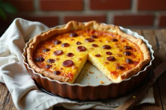 Quiche lorraine dorée sortant du four posée sur une table en bois rustique avec un torchon en lin