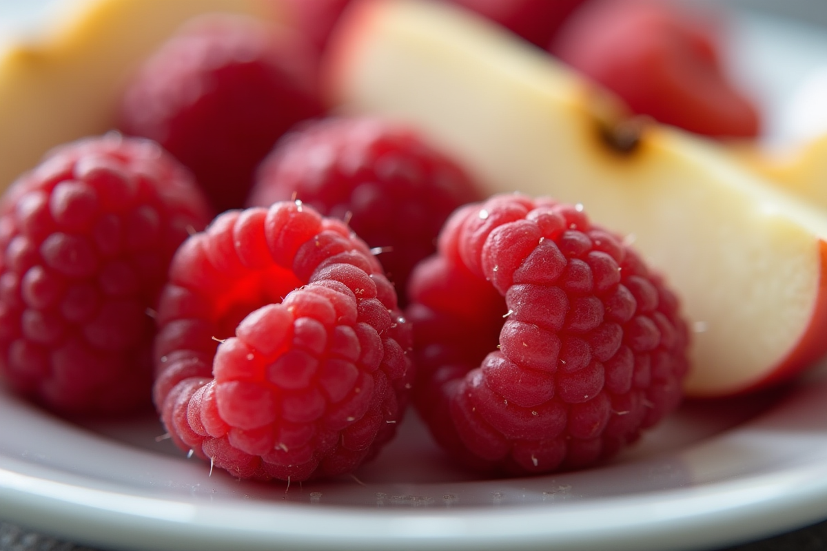 Raisins et pommes rouges en gros plan sur une assiette blanche