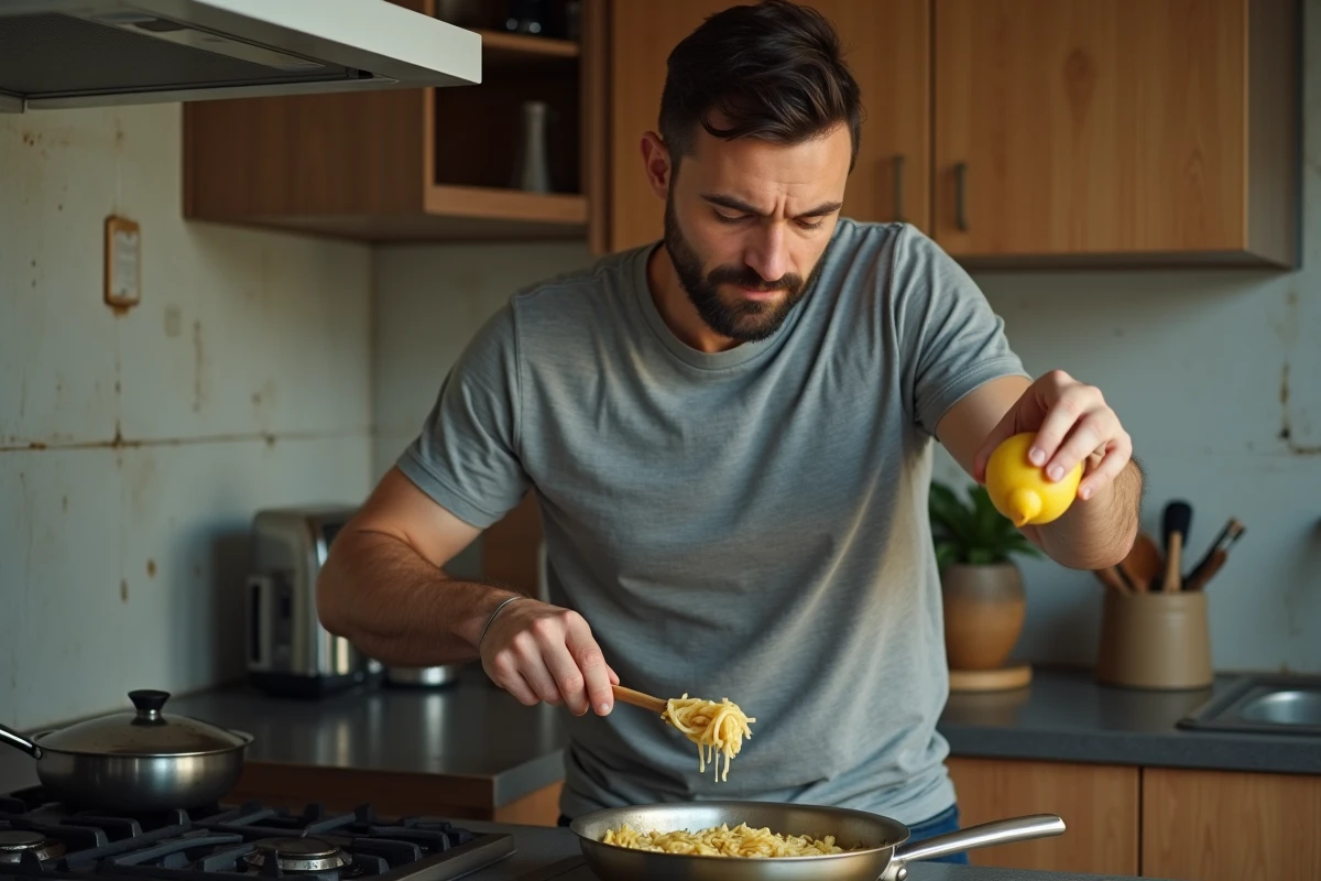 Homme pressant un citron sur des pâtes en train de cuire dans une cuisine d'appartement lors d'un repas du soir