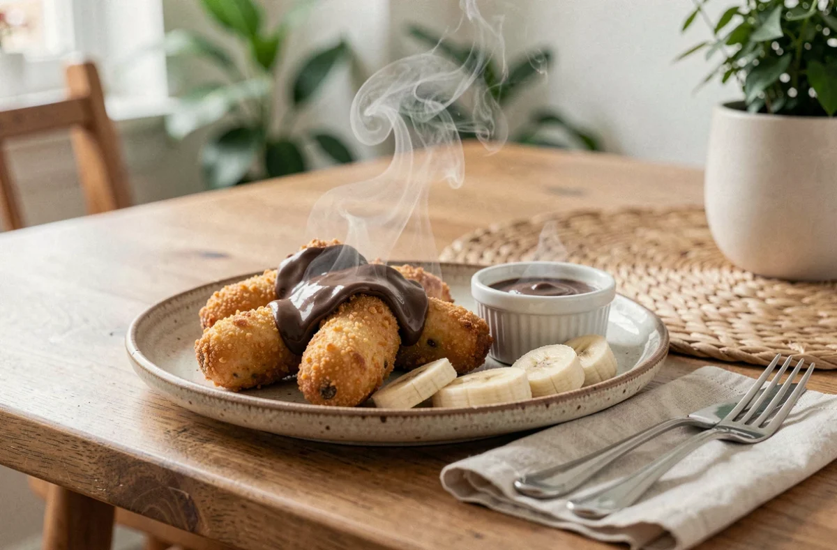 Assiette de beignets à la banane réchauffés avec sauce au chocolat, vapeur montante sur une table de petit-déjeuner
