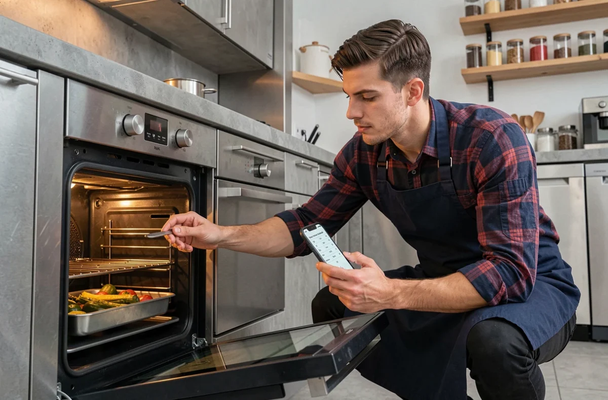 Homme réglant le thermostat de son four en consultant un tableau de conversion sur smartphone