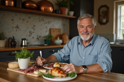 Homme d'âge moyen mangeant un repas rustique à la maison