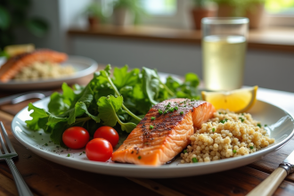 Repas équilibré avec saumon légumes et quinoa