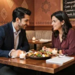 Couple partageant un dîner libanais au restaurant Le Cèdre rue Mouffetard à Paris, table dressée avec mezze et bougies