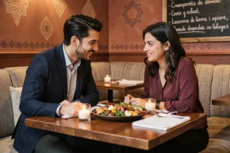 Couple partageant un dîner libanais au restaurant Le Cèdre rue Mouffetard à Paris, table dressée avec mezze et bougies