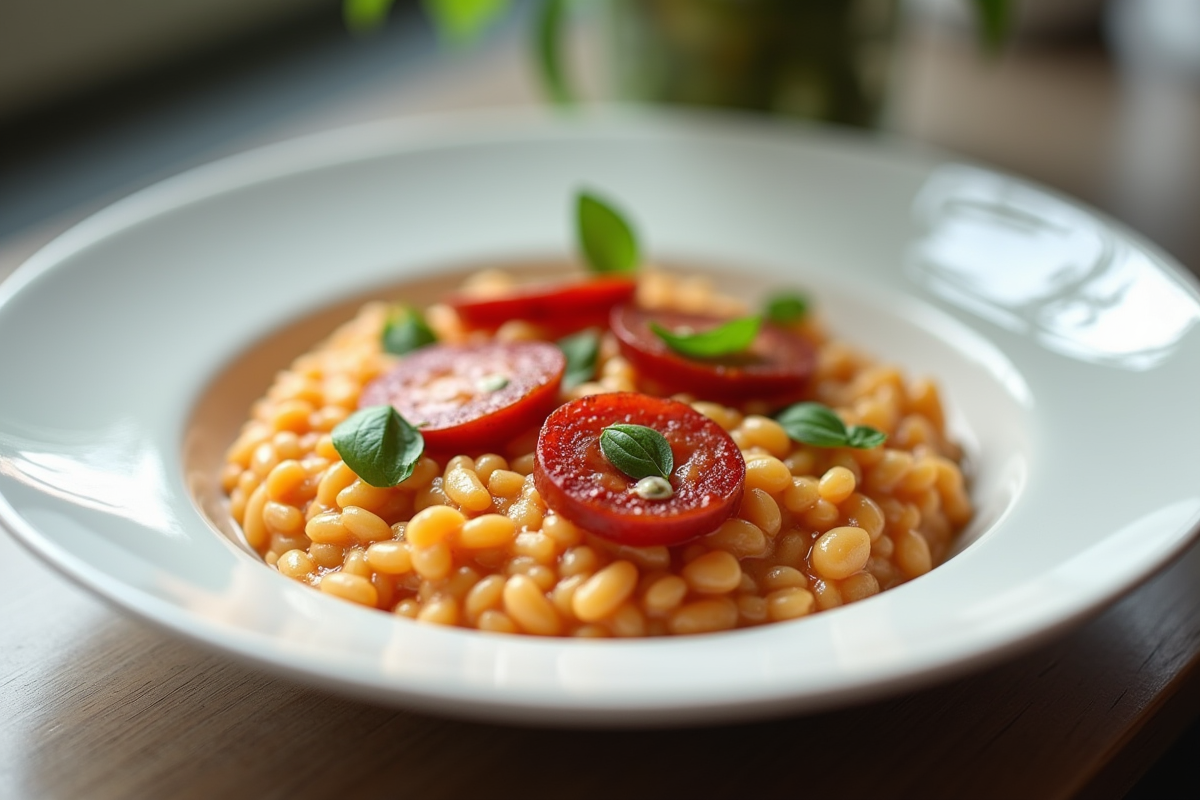 Gros plan sur risotto chorizo dans une assiette blanche