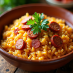 Risotto chorizo dans un bol en céramique rustique