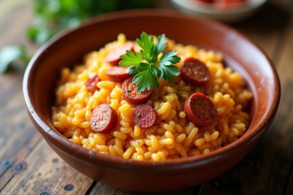 Risotto chorizo dans un bol en céramique rustique