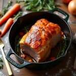 Rôti de porc doré dans une cocotte en fonte avec légumes et herbes aromatiques, vue de dessus
