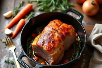 Rôti de porc doré dans une cocotte en fonte avec légumes et herbes aromatiques, vue de dessus