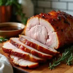 Rôti de porc au fond de veau tranché sur une planche en bois rustique avec sauce et herbes fraîches