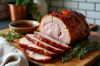 Rôti de porc au fond de veau tranché sur une planche en bois rustique avec sauce et herbes fraîches