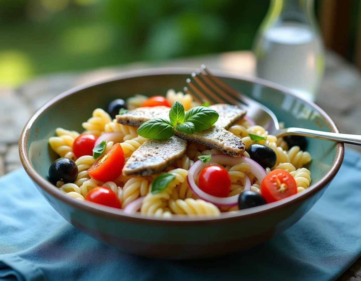 Salade méditerranéenne aux sardines, tomates cerises et olives dans un bol en céramique rustique en terrasse