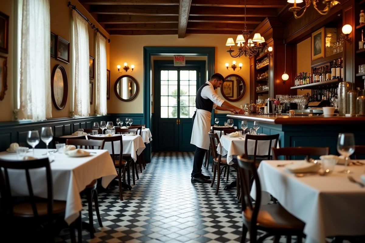 Salle intérieure du Bistrot Paul Bert avec tables dressées et serveur arrangeant les verres un midi de semaine à Paris