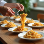 Personne servant des portions de spaghetti cuit sur des assiettes