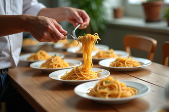 Personne servant des portions de spaghetti cuit sur des assiettes