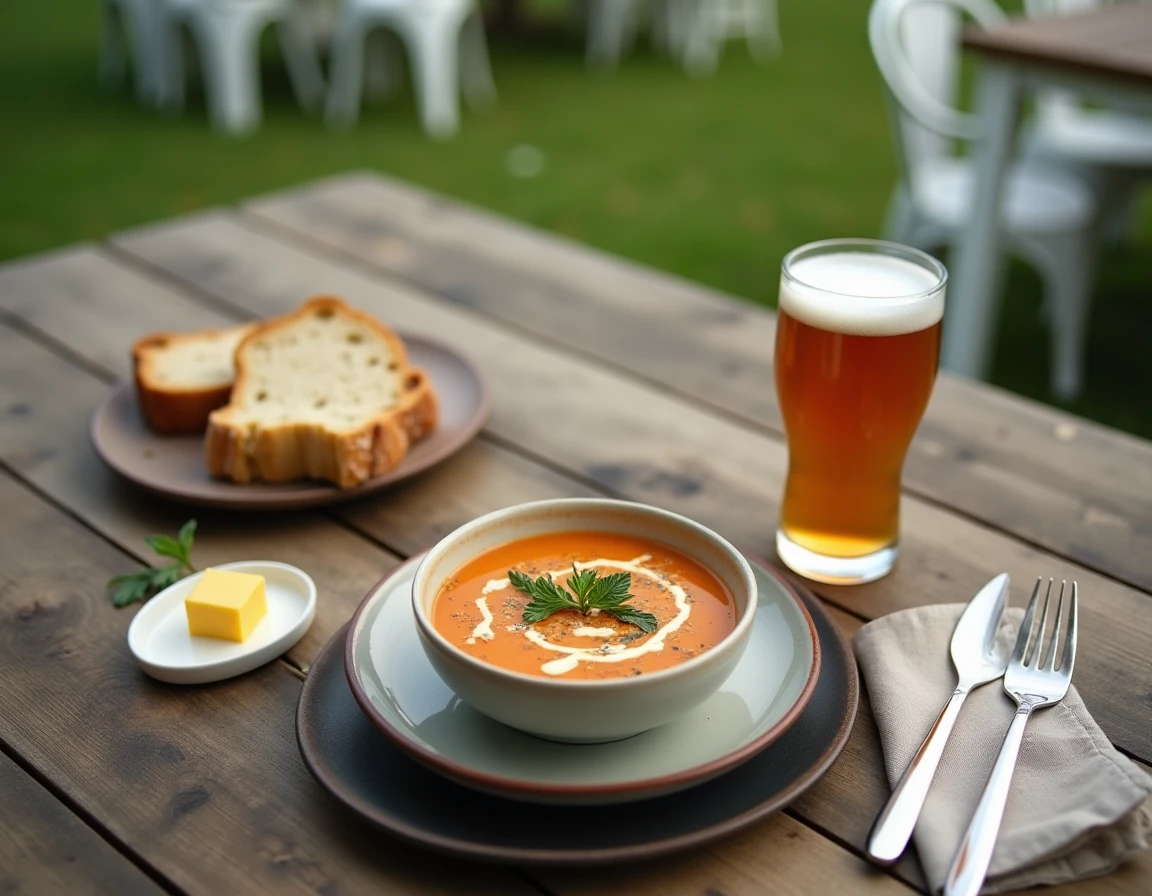 Soupe de légumes de saison, pain de campagne et bière artisanale sur une table en bois à la guinguette de la ferme à Bondues