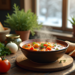 Bol de soupe de légumes maison sur une table en bois