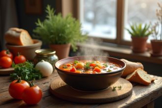 Bol de soupe de légumes maison sur une table en bois