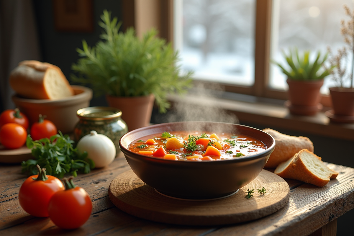 Bol de soupe de légumes maison sur une table en bois