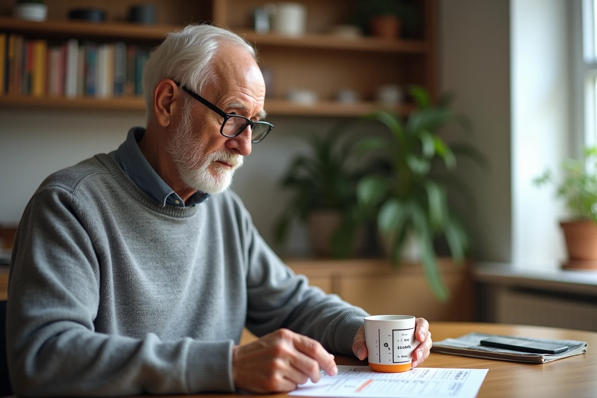 Personne agee versant du sirop medicament avec une carte de conversion