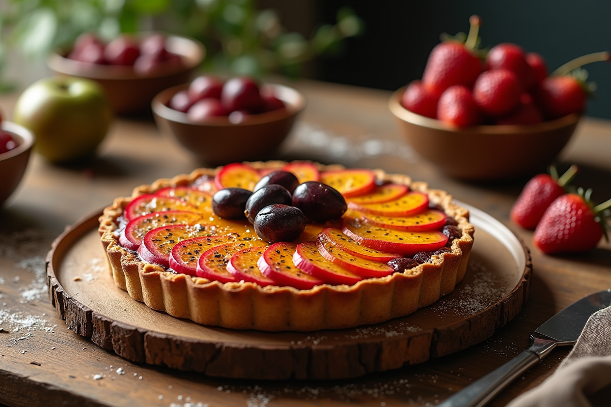 Table rustique avec tarte aux fruits et fruits frais pour brunch
