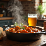 Table rustique belge avec carbonade et bière ambrée