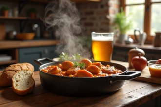 Table rustique belge avec carbonade et bière ambrée