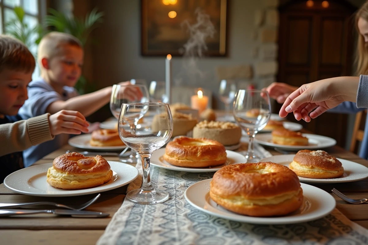 Table dressée avec bouchées à la reine et mains de différentes âges