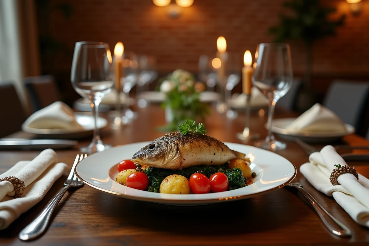 Table de dîner élégante avec bar entier rôti légumes et gratin pour deux personnes ambiance chic
