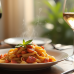 Table élégante avec pasta chorizo et vins en lumière naturelle