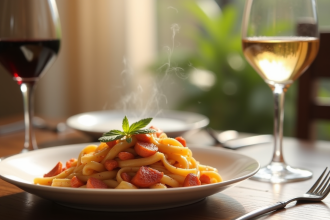 Table élégante avec pasta chorizo et vins en lumière naturelle