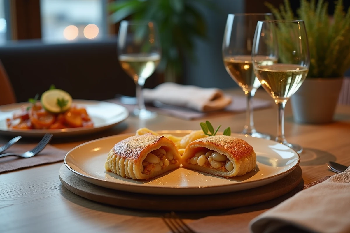 Table moderne avec pastilla ouverte et vin blanc glacé