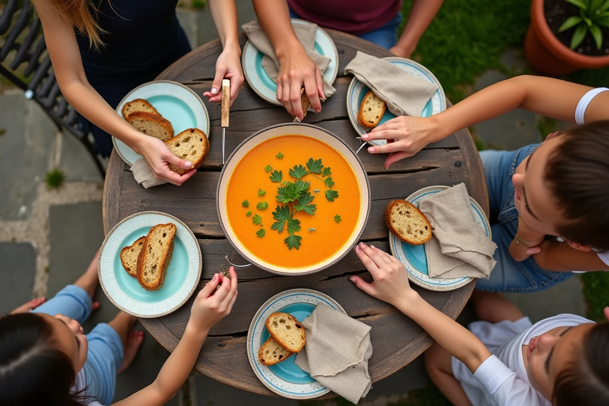 Groupe familial partageant une soupe pistou en extérieur