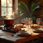 Table rustique avec fondue et vins rouges et blancs
