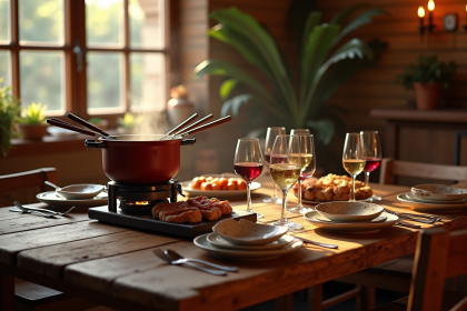 Table rustique avec fondue et vins rouges et blancs