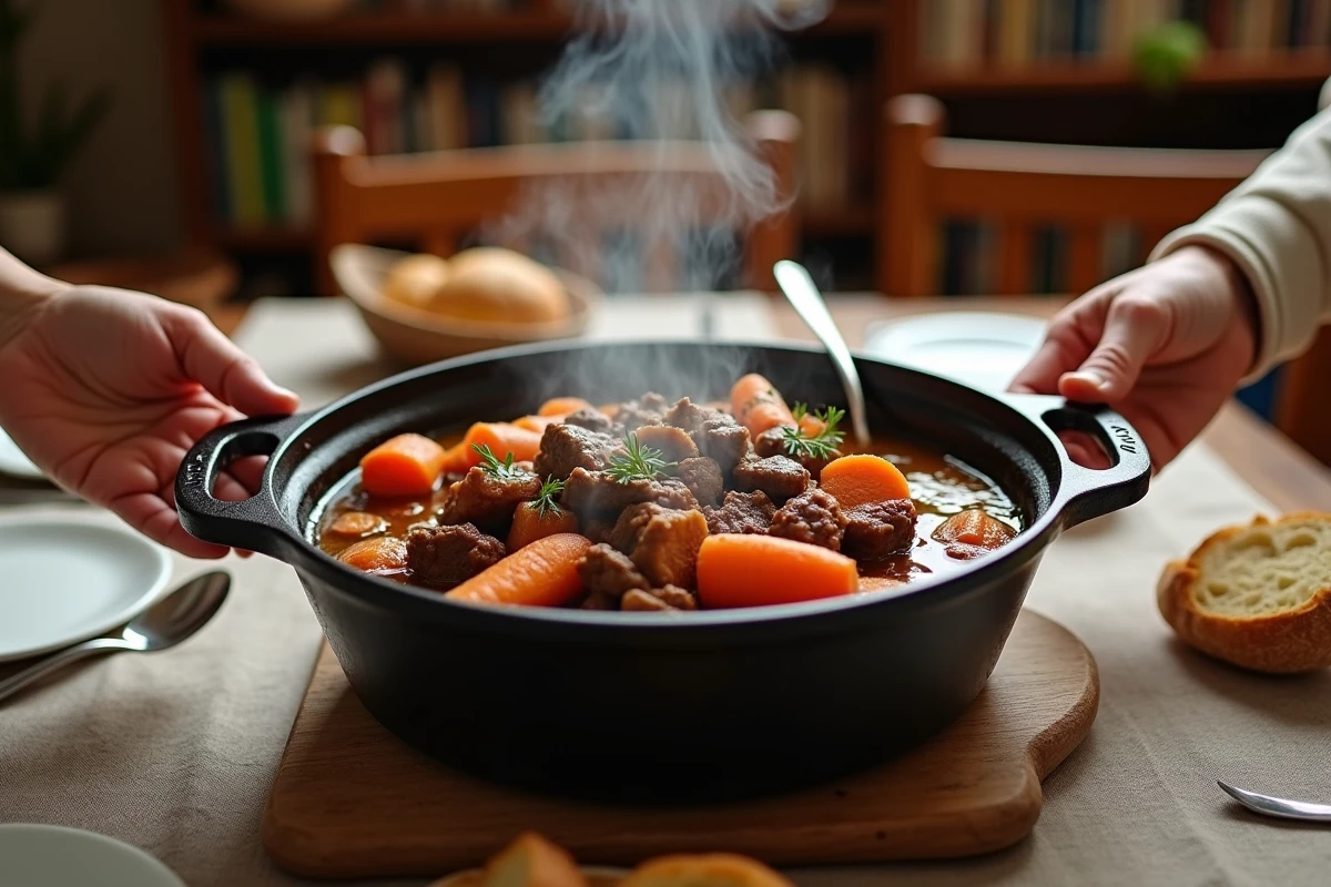 Gros plan sur un pot en fonte de boeuf carotte avec mains prêtes à servir