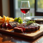 Table de steakhouse élégante avec ribeye tranché et vin rouge