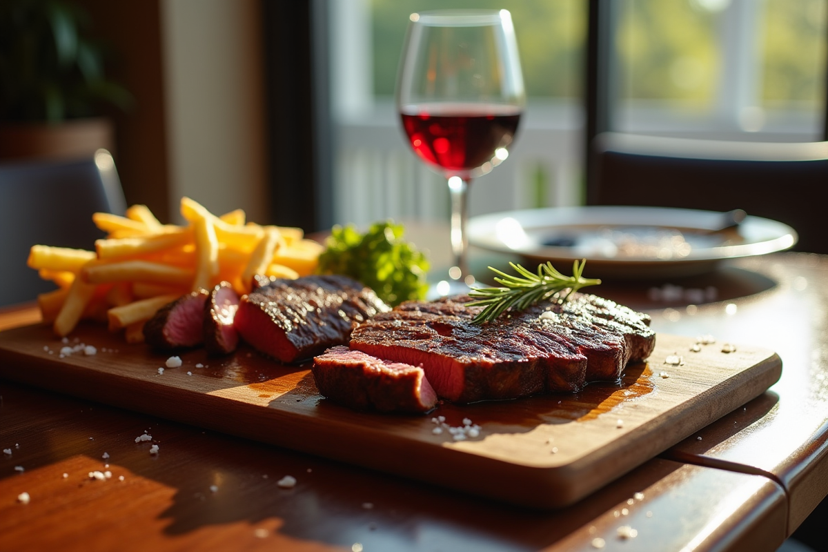 Table de steakhouse élégante avec ribeye tranché et vin rouge