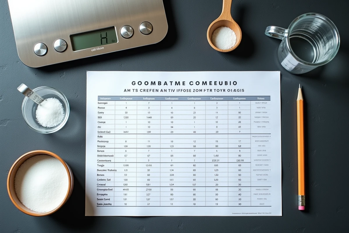 Tableau de conversion grammes centilitres imprimable posé sur un plan de travail en ardoise avec balance et verre doseur