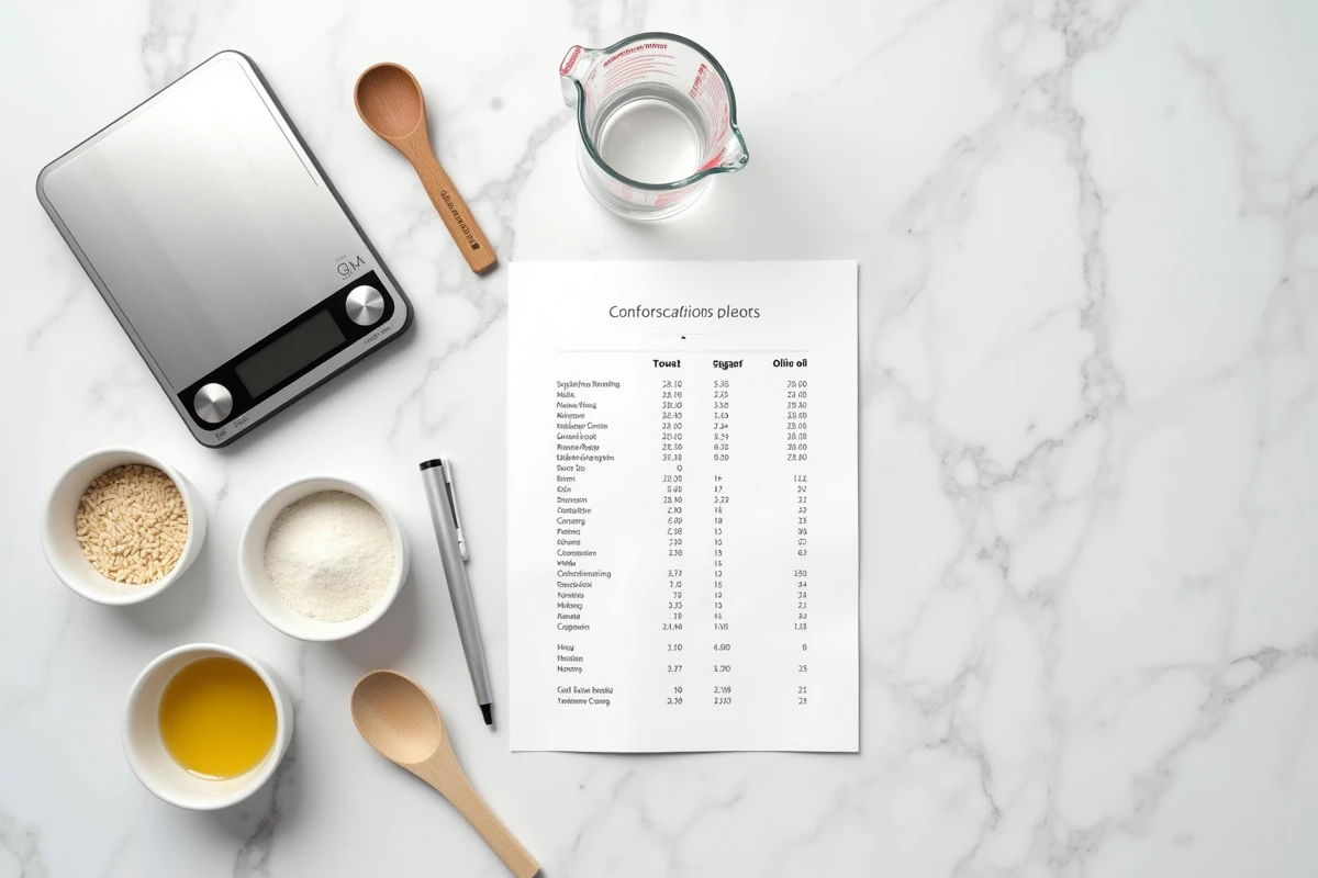 Vue de dessus d'outils de mesure culinaires sur marbre blanc avec tableau de conversion grammes et litres imprimé