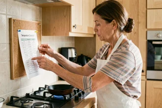 Femme consultant un tableau de conversion de température thermostat en cuisine moderne