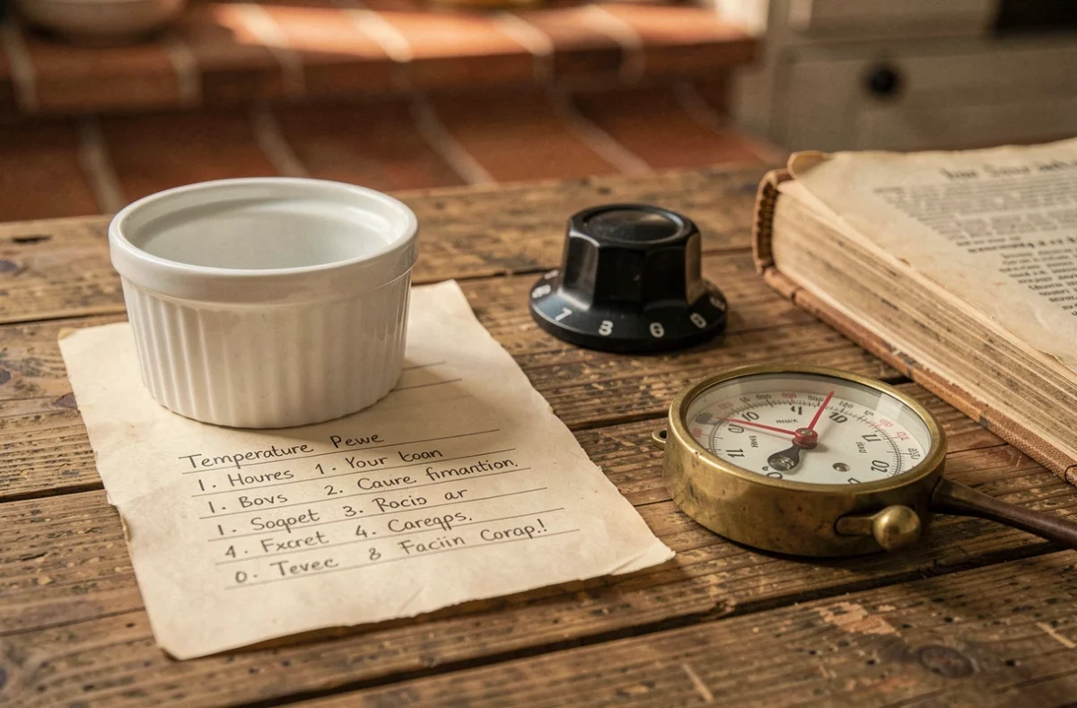 Tableau manuscrit de correspondance thermostat degrés Celsius posé sur une table en bois rustique