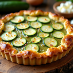 Tarte courgette et chèvre fraîche sur table en bois
