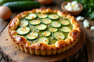Tarte courgette et chèvre fraîche sur table en bois